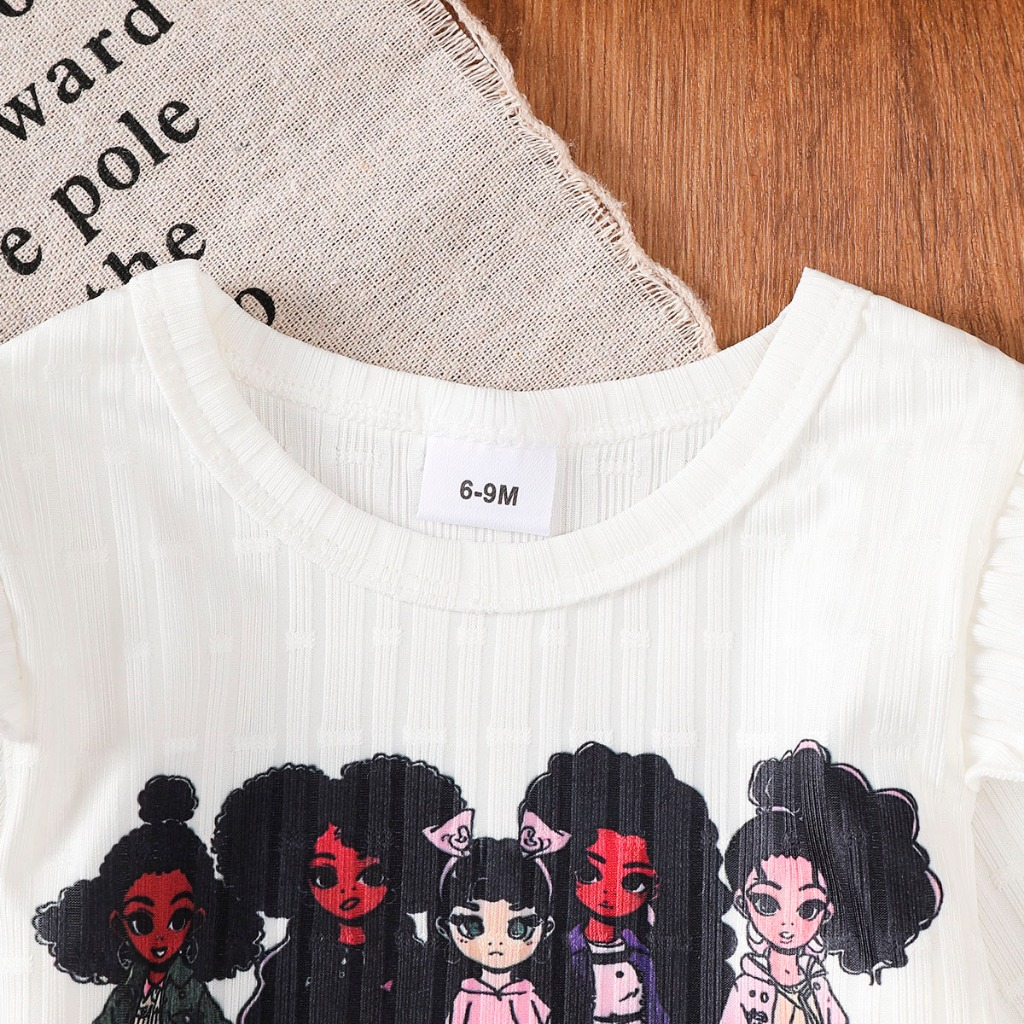 Girl's white long sleeved top+blue cloud jeans set | Cartoon girl print top | Baby casual wear | Comfortable and breathable baby clothes