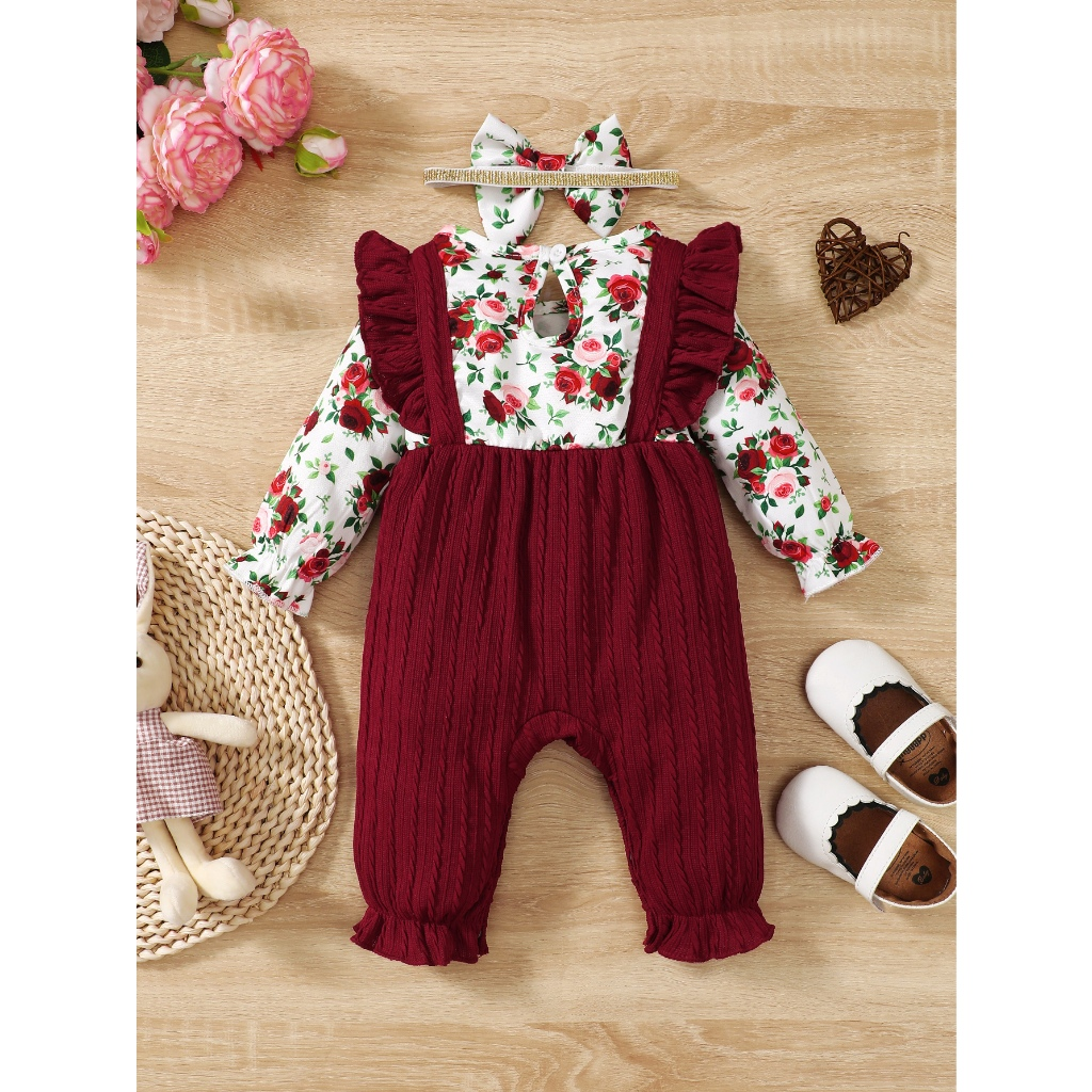 Baby Autumn/Winter Flower Set 0-18M Long Sleeve Top+Red Straps Ha Yi Bow Design Cute Princess Style Baby Crawler