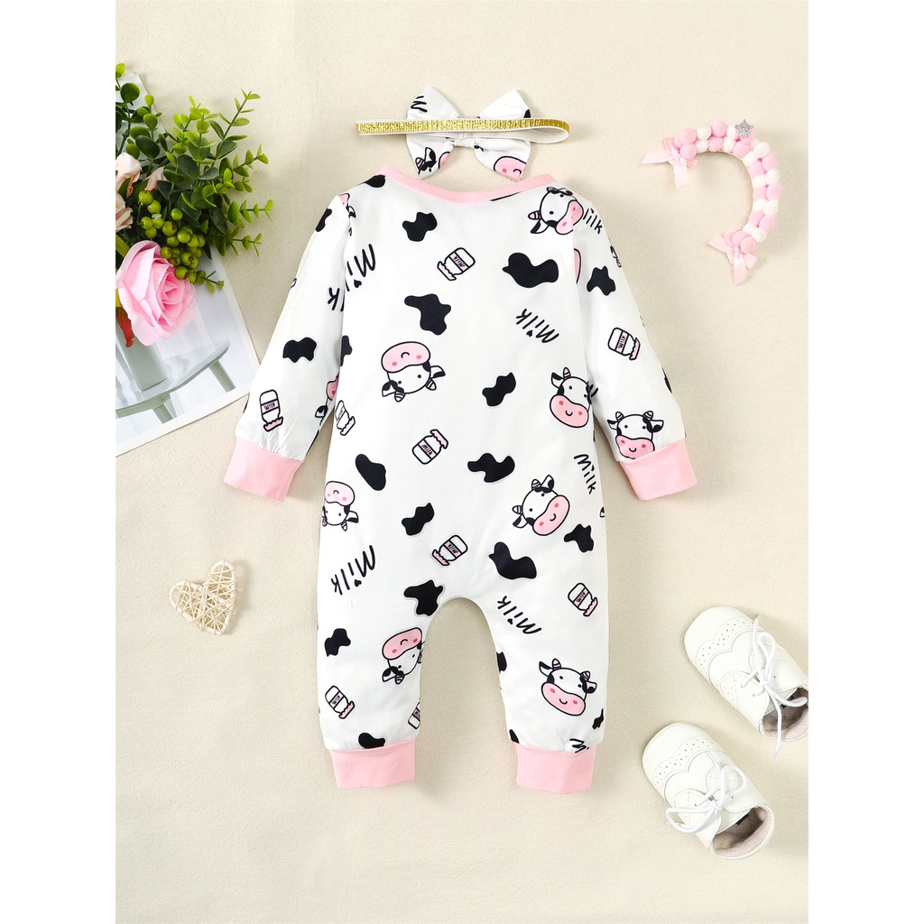 0-18 Months Newborn Baby Girl 2PCS Set Long Sleeve Dairy Cow Print Romper with Headwear Infant Baby Girl Fashion And Leisure Pajamas