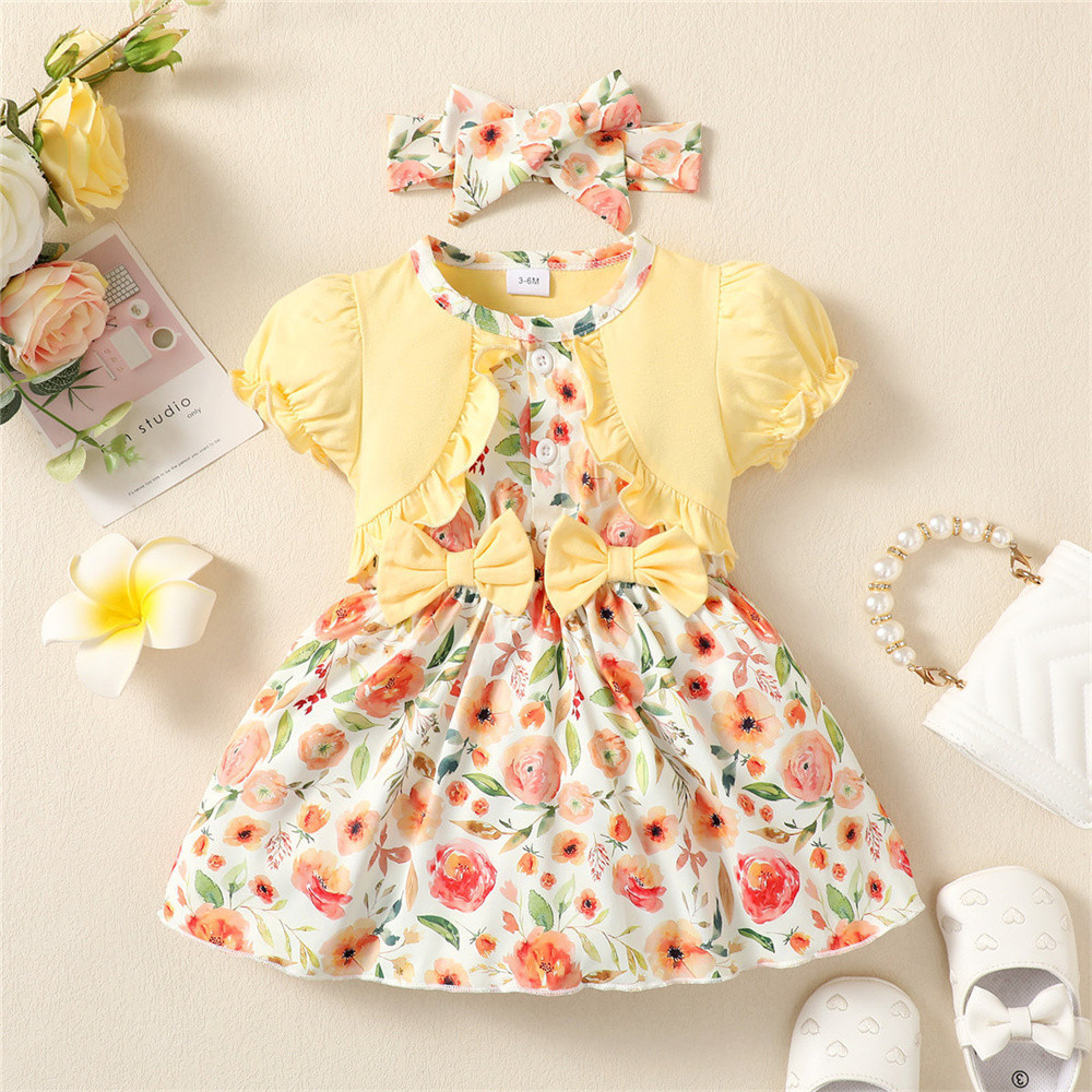 3-24 Months Baby Girl Fashion Puff Sleeve Floral Pattern Dress Baby Girl Princess Dress with Cutely Headband Casual Costumes Birthday Party Wear