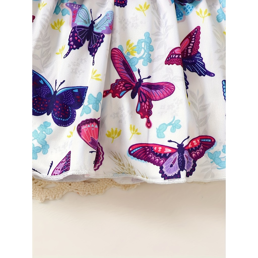 【0-3Years】 Baby Girl 2-Piece Set | Butterfly Print Peplum Top + Denim-Look Flare Pants - Cute Casual Outfit
