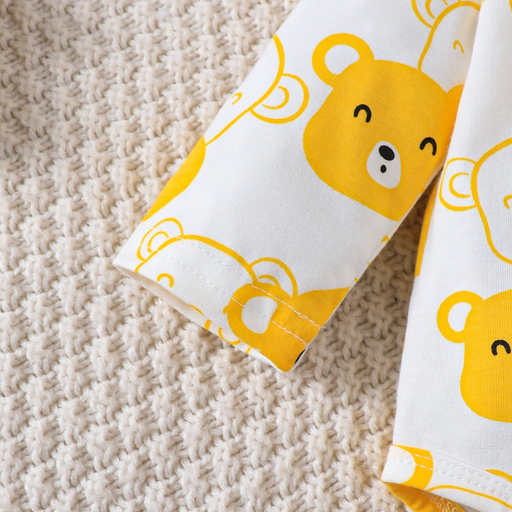 【1-9M】 Yellow Bear Print 4-Piece Baby Outfit: Long-Sleeve Romper + Solid Pants + Bear Ear Hat + Booties – Cozy Newborn Layette Set