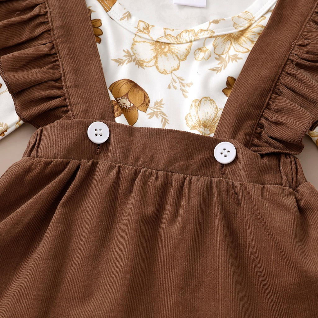 【0-12Months】 3pcs Baby Girl Brown Floral Set: Long-Sleeve Bodysuit + Deep Brown Ruffle Strap Skirt + Matching Bow Headband – Sweet Forest Autumn Outfit