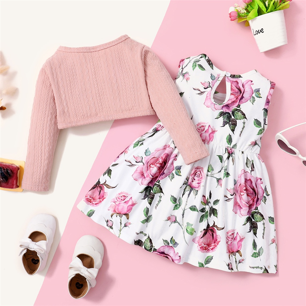 【9M-3Y】 2PCS Baby Girl Outfit: Pink Quilted Cardigan + Floral Sleeveless Dress with Bow Detail – Gentle Spring & Autumn Daily Party Set