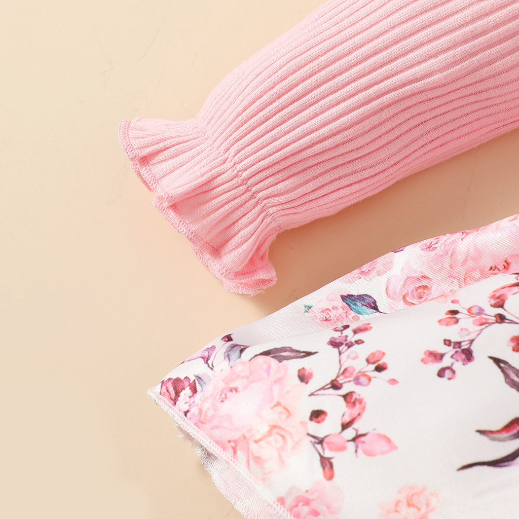 0-18 Months Romper Baby Girl 2 Clothes Set Toddler Baby Girl Pink Long Sleeved Ribbed Bodysuit Fly Sleeve Floral Skirt Infant Baby Wear Party Photograph Fashion Cute Outfit