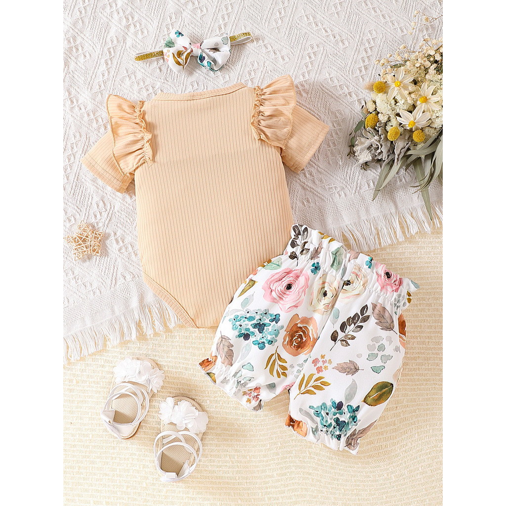 3PCS  Baby Girl Fashion Short Sleeved Solid Ribbed Bodysuit with Floral Shrots Free Headwear Cute for Newborn Baby Clothes Set