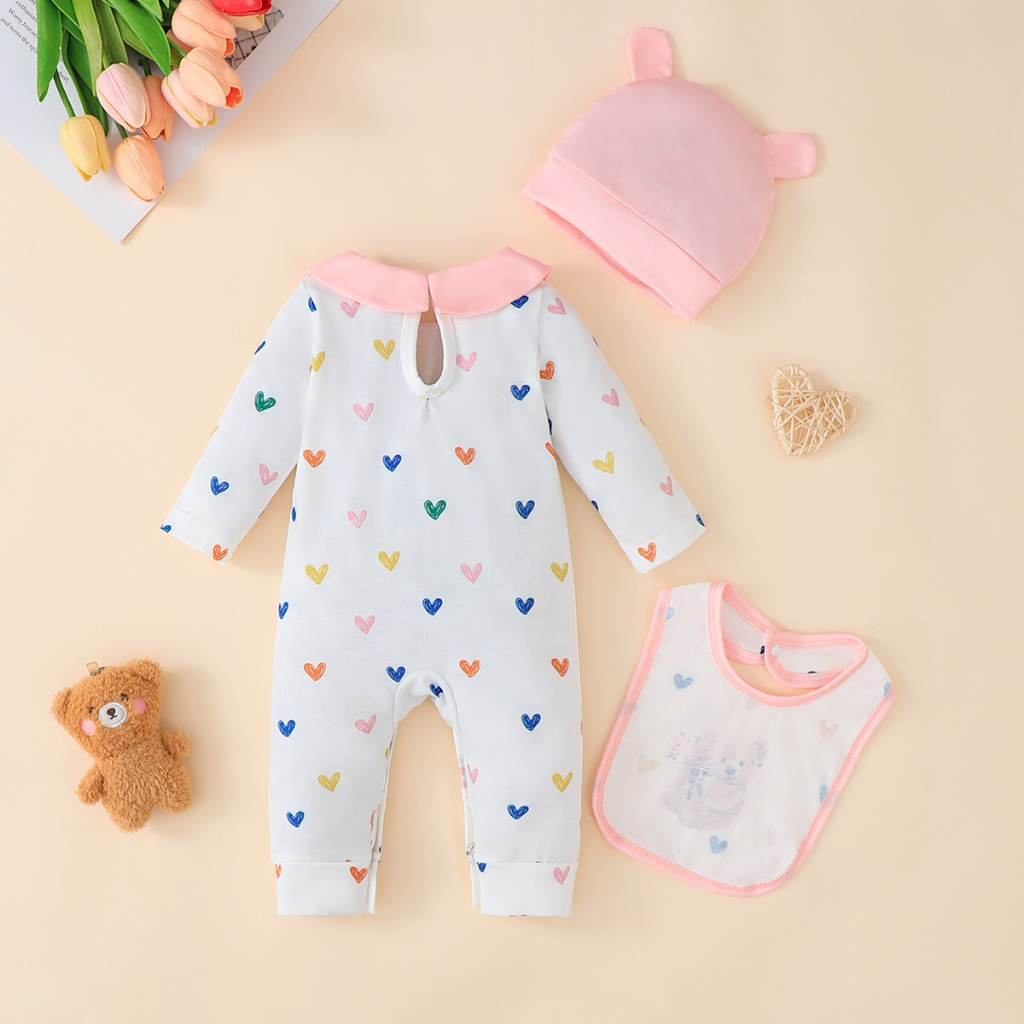 Baby White Long Sleeve jumpsuit Pink Bear Hat Set 1-18 Months Male and Female Baby Spring and Autumn Crawling Clothes Outing Full Moon Gift