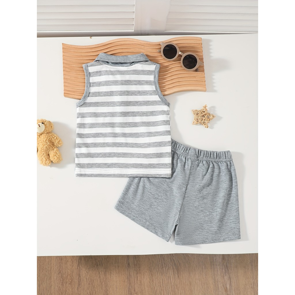 【6M-3Y】 Baby Boys 2-Piece Outfit: Striped Sleeveless Polo Tank with Bear Patch + Solid Knit Shorts – Breathable Summer Vacation Set