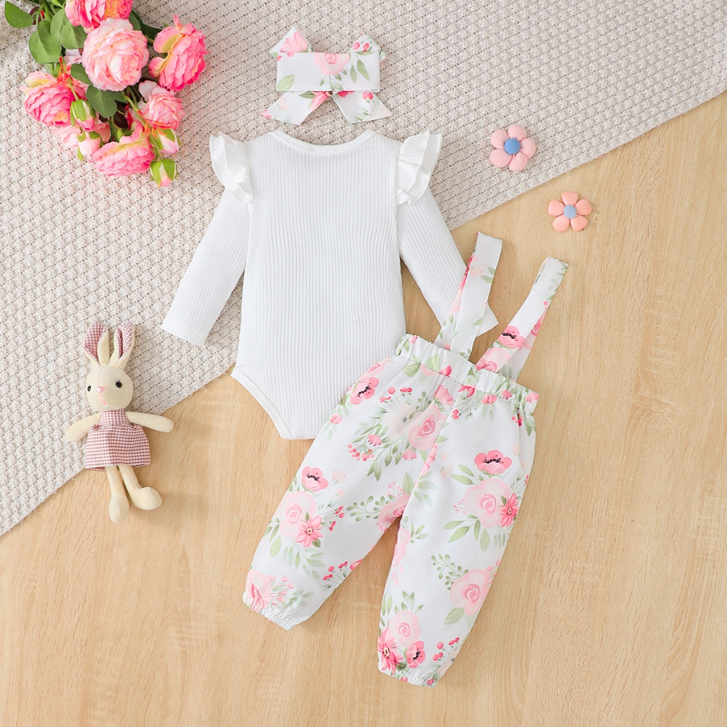 Cartoon rabbit white long sleeved hoodie+pink floral overalls set baby jumpsuit 1-24 months baby outdoor wear with same headband included