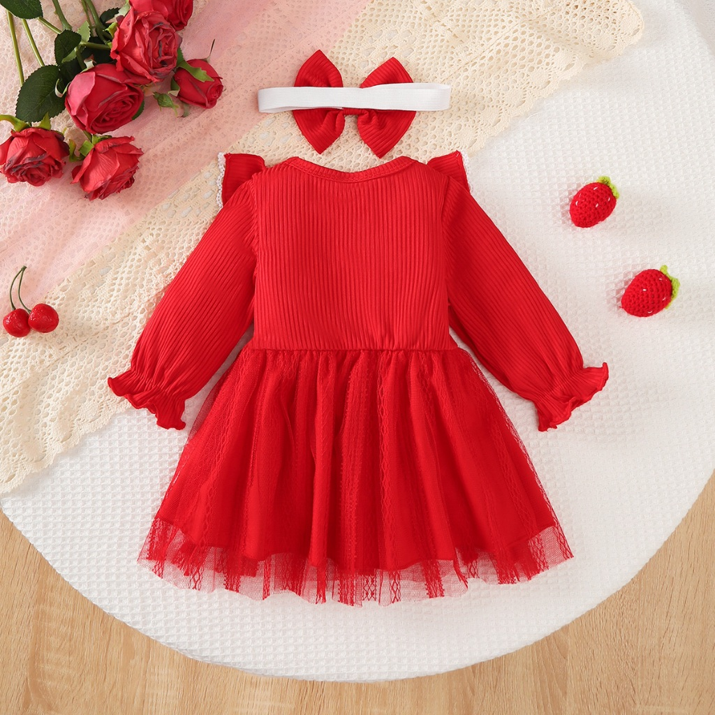 Red Long sleeved Dress for Female Infants and Children, White Lace Princess Dress with Butterfly Bow Hair and Birthday Banquet Dress, Suitable for 3-24 Months