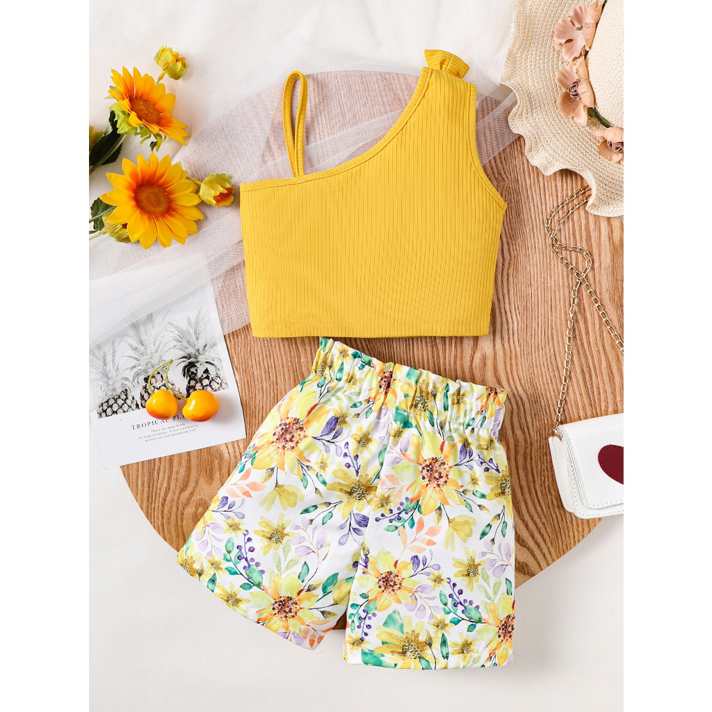 【 1-8Y 】Girls' Summer Two-Piece Outfit | Bow One-Shoulder Ribbed Cami & Floral Shorts | Sweet Casual Wear for Kids | Breathable & Lightweight Summer Set