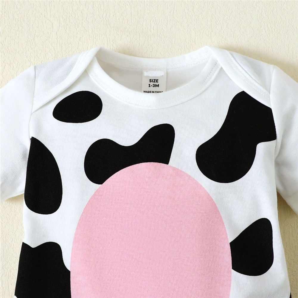 【0-9M】 2PCS Unisex Baby Outfit: Cow Print Short-Sleeve Romper with Matching 3D Cow Hat – Cute Animal Theme Playsuit