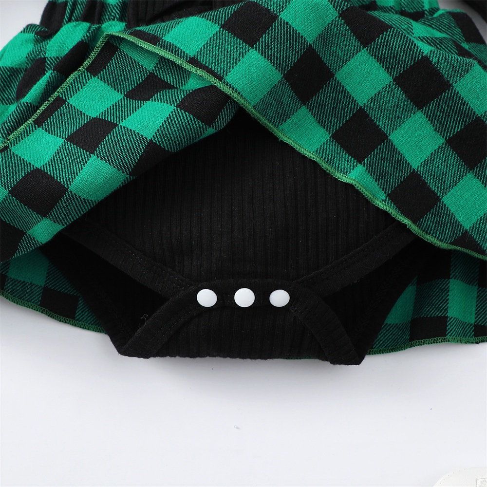 【 0-18 Months 】Baby Girl 2PCS Christmas Plaid Romper Dress Set | Long Sleeve Ribbed Top with Red & Black Check Skirt & Bow Headband | Sweet Holiday Outfit for Infants