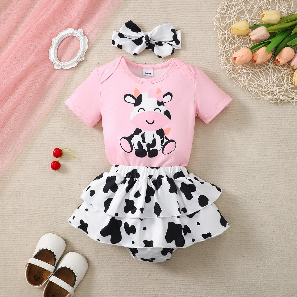 【0-18 Months】 Baby Girl Cow Print Skirt Romper Set | Pink Top + 2-Layer Ruffle Tutu with Matching Bow Headband | Cute Birthday Outfit