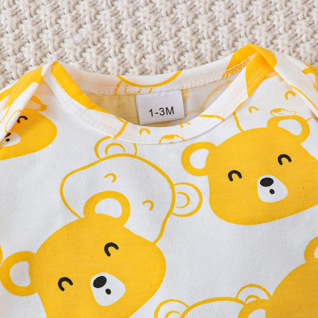 【1-9M】 Yellow Bear Print 4-Piece Baby Outfit: Long-Sleeve Romper + Solid Pants + Bear Ear Hat + Booties – Cozy Newborn Layette Set