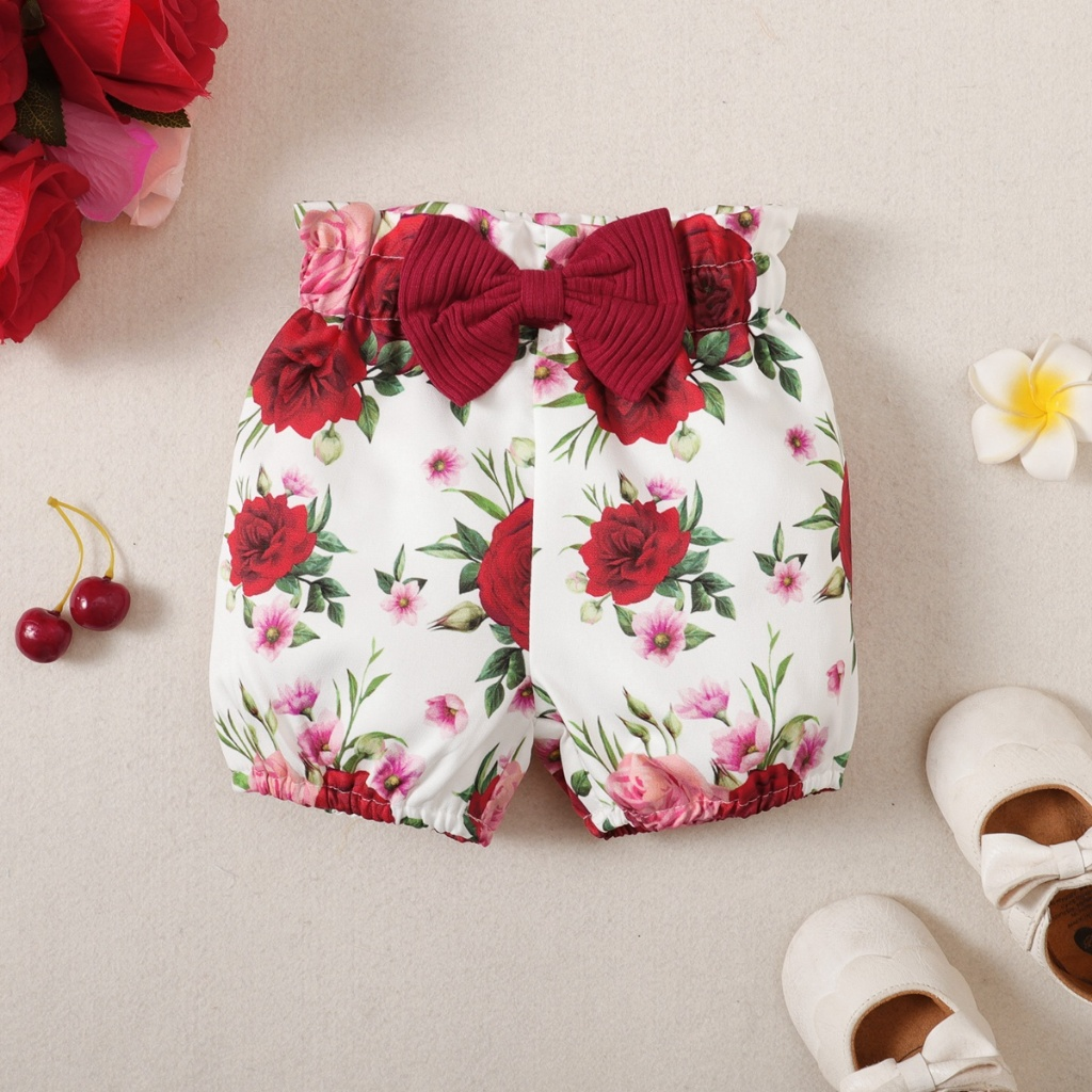【1-18M】 3PCS Baby Girl Summer Outfit: Ribbed Red Ruffle-Sleeve Bodysuit + Floral Shorts with Bow + Matching Headband – Cute Infant Girl Clothing Set