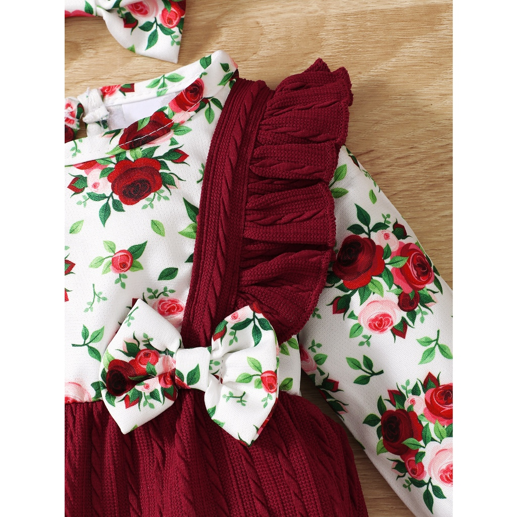 Baby Autumn/Winter Flower Set 0-18M Long Sleeve Top+Red Straps Ha Yi Bow Design Cute Princess Style Baby Crawler