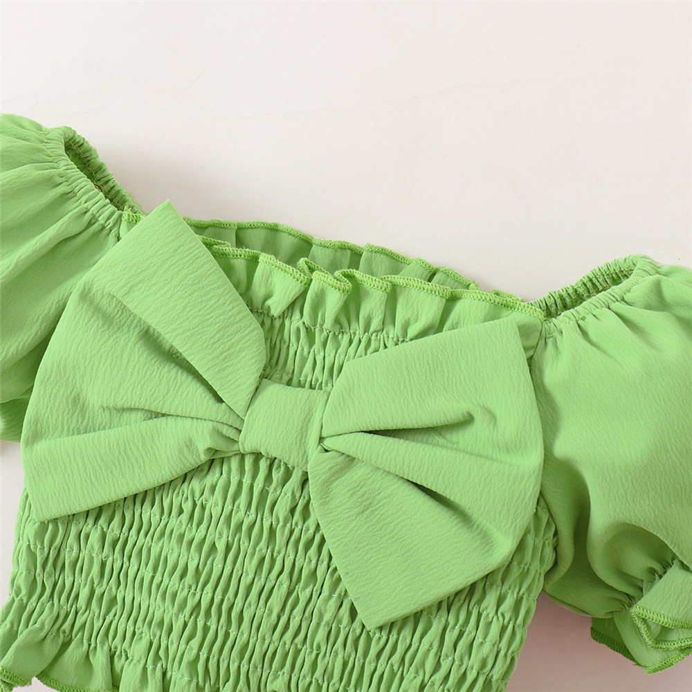 【3-24M】 3PCS Baby Girl Summer Outfit: Green Smocked Puff-Sleeve Top with Bow + Floral Print Bloomer Shorts + Matching Headband – Cute Pastoral Set