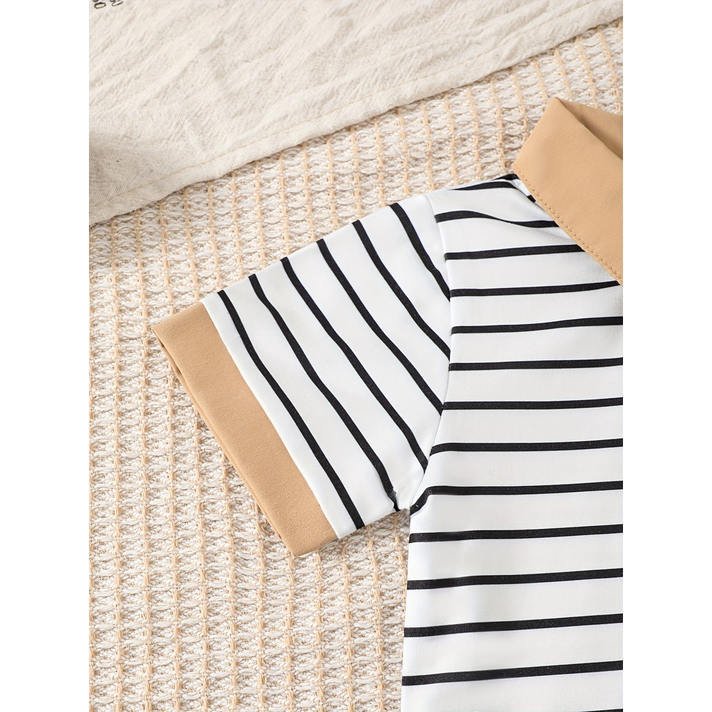 【6M-3Y】 Baby Boys 2-Piece Outfit: Striped Polo Shirt with Contrast Collar & Half-Button Placket + Solid Cargo Shorts – Trendy City Walk Set