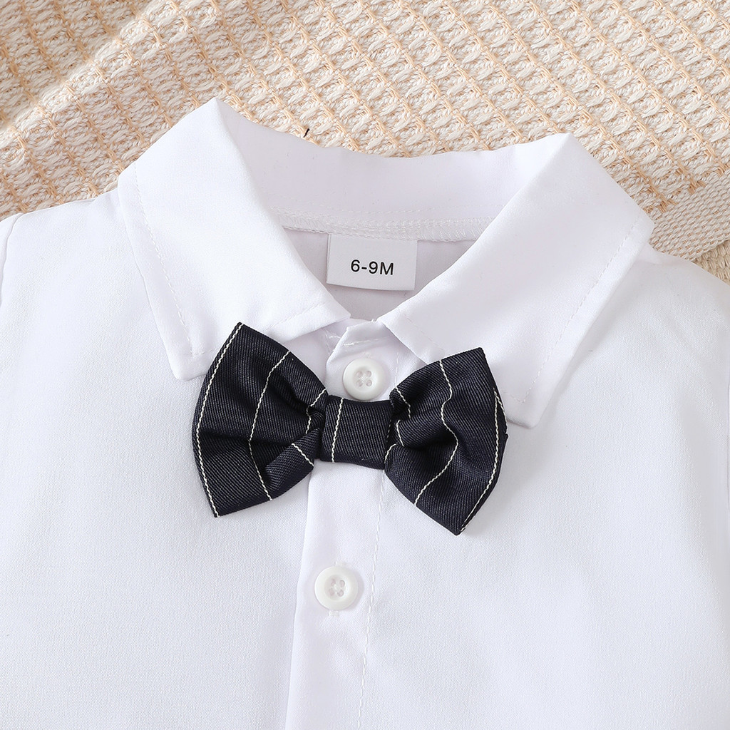 2PCS Gentleman Outfit for 6M-3Y Baby Boys, Old Money Style Short Sleeve Top with Bowtie + Suspender Shorts, Infant Gentleman Clothes Set