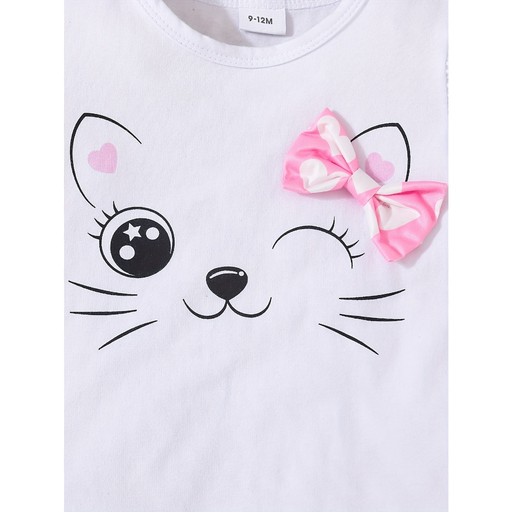 【 June to 3 years old 】 Girls' summer outfit set | White cat sleeveless top+pink heart-shaped polka dot shorts | Baby casual sports set | Sweet and cute baby clothes