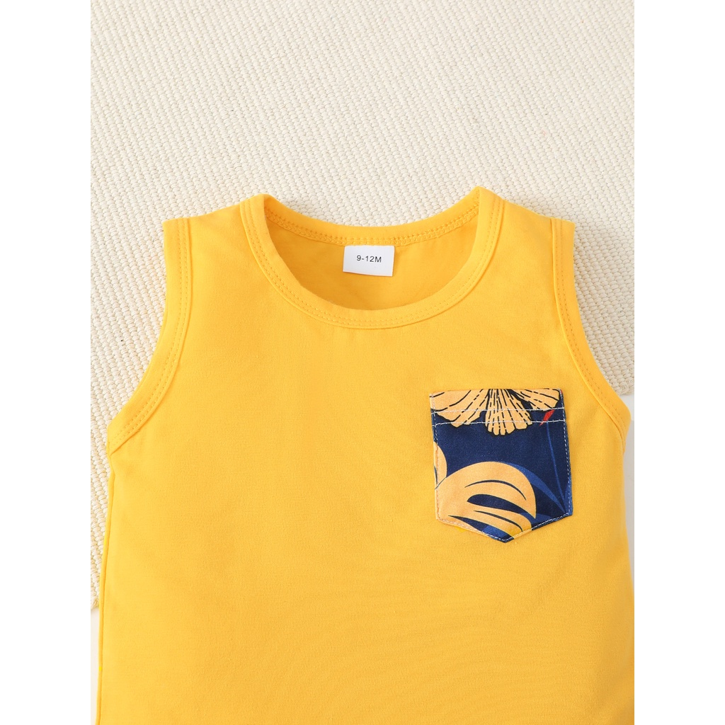 【3-24M】 2Pcs Baby Boy Summer Outfit: Yellow Sleeveless Vest with Floral Pocket + Tropical Floral Print Shorts – Beach Holiday Set