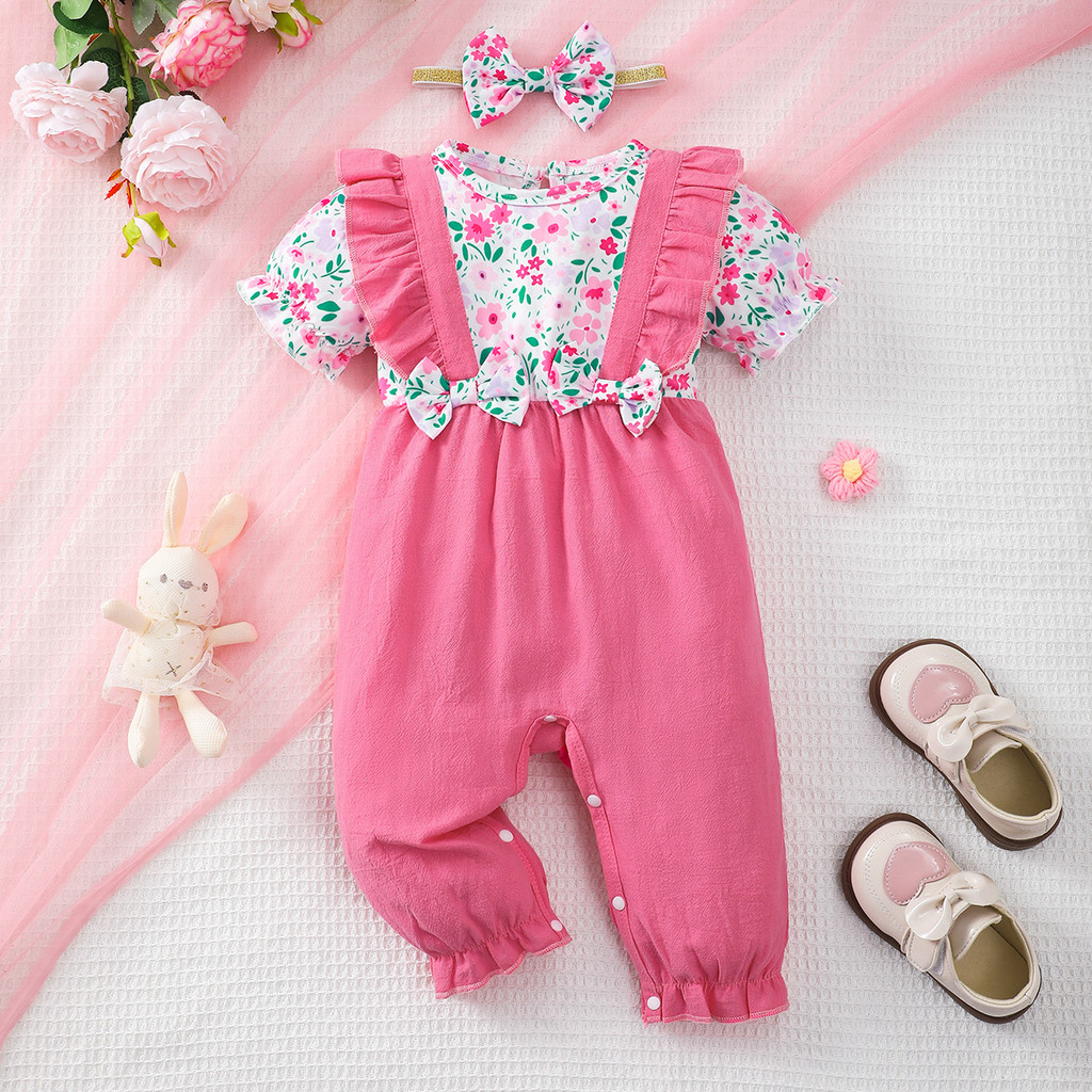Catpapa girl |【0-18 Months】 Baby Girl Floral Print Romper Set | Short-Sleeve Jumpsuit with Bow Headband | Cute Summer Crawler Outfit | Baby girls clothes sets outfits | Cute baby dresses