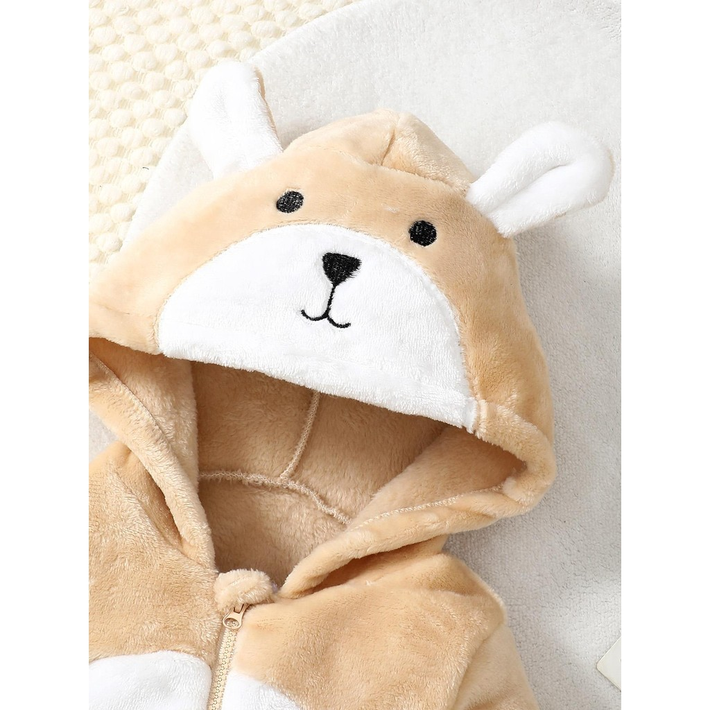 0-18 Months Toddler Baby Boy  Long Sleeved Beige Hooded Cute Ears Romper Warm Fashionable Casual Winter Jumpsuit Clothing