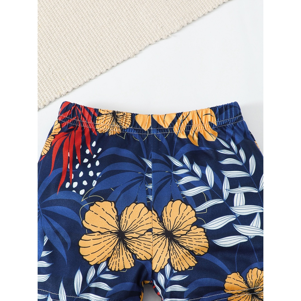 【3-24M】 2Pcs Baby Boy Summer Outfit: Yellow Sleeveless Vest with Floral Pocket + Tropical Floral Print Shorts – Beach Holiday Set