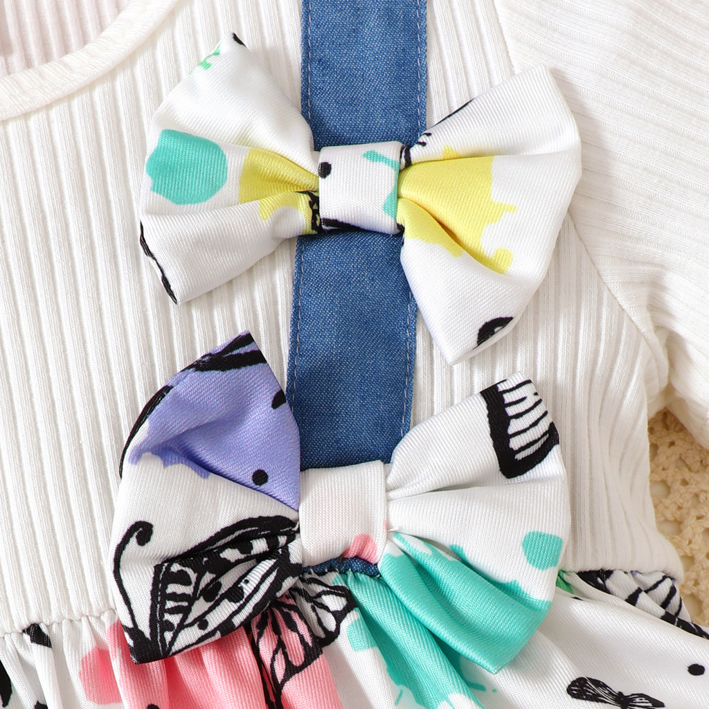 【0-3Years】 Baby Girl 2PCS Clothes Set | Butterfly Print Bow Peplum Top + Blue Denim-Look Flare Pants | Fashion Daily Wear