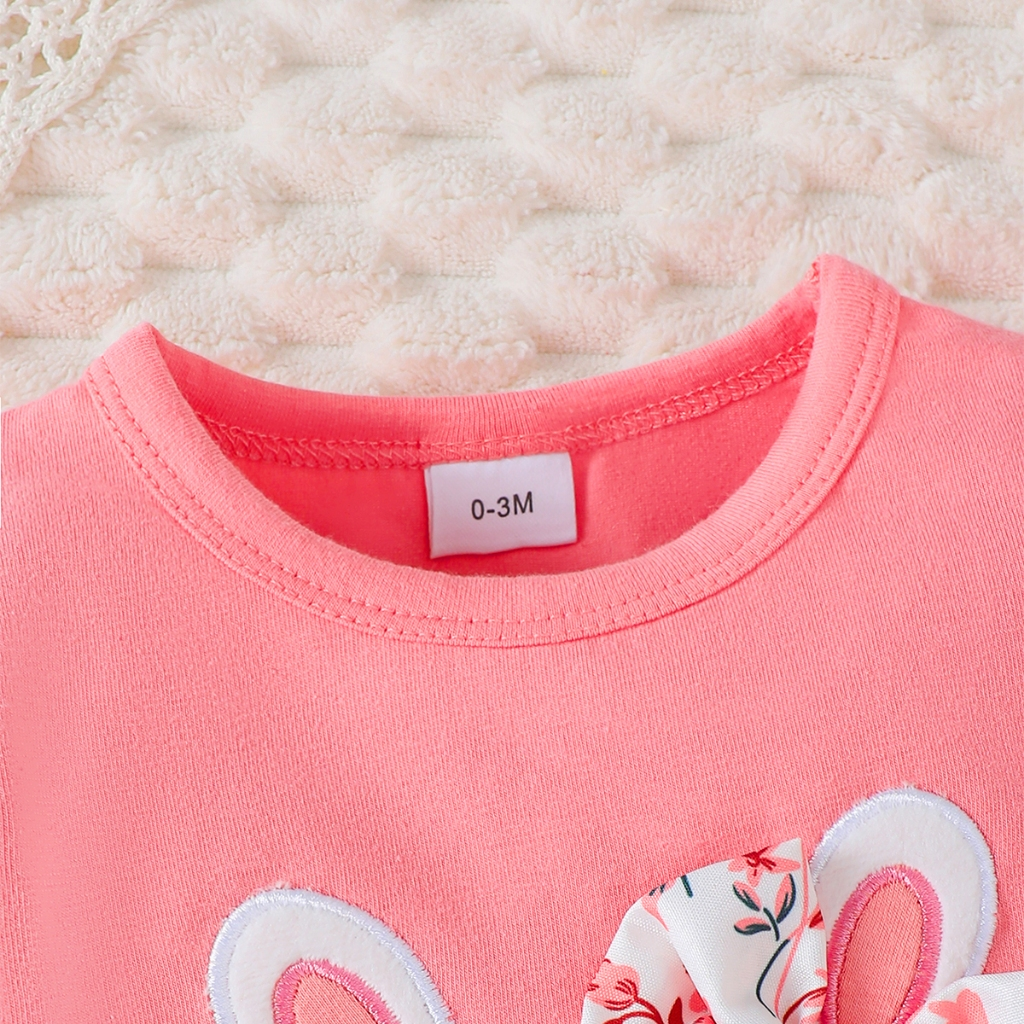 【0-18 Months】 2-Piece Baby Girl Bunny Embroidery Flutter Sleeve Romper + Floral Print Pants - Cute Casual Outfit Set