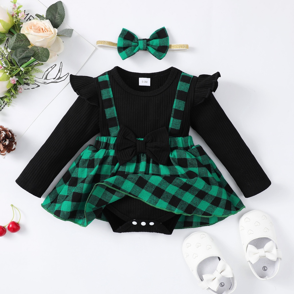 【 0-18 Months 】Baby Girl 2PCS Christmas Plaid Romper Dress Set | Long Sleeve Ribbed Top with Red & Black Check Skirt & Bow Headband | Sweet Holiday Outfit for Infants