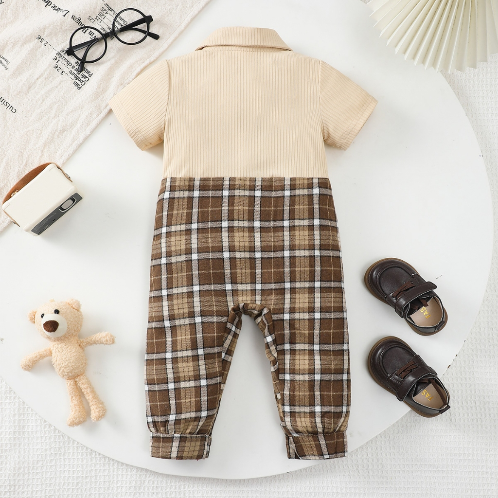 【1-18Months】 Boys' Gentleman Style Jumpsuit: Plaid Suspender Romper with Collar & Bow Tie – Newborn Full Moon Banquet Outfit