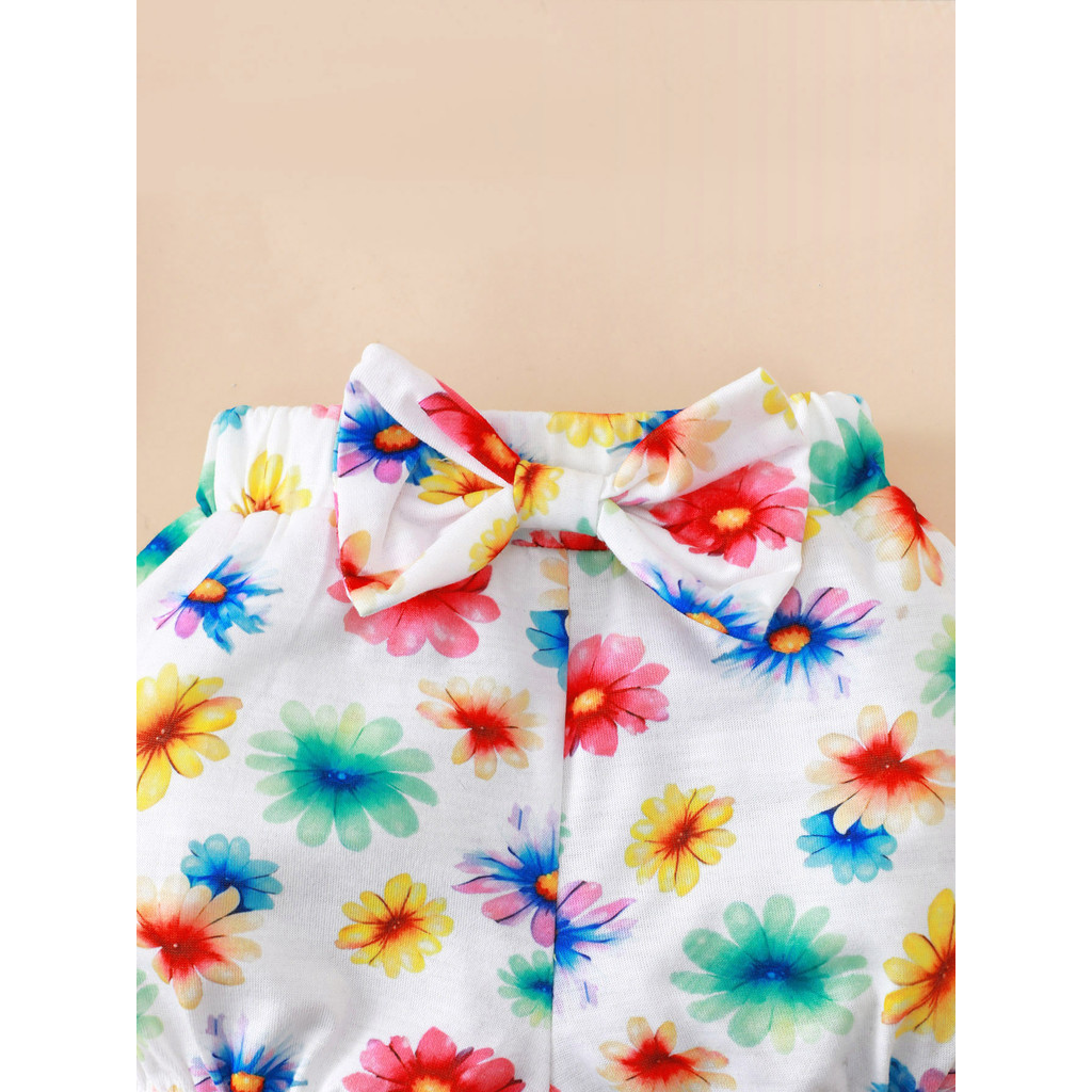 0-24 Months Newborn Baby Girls Short Sleeved Jumpsuits 3pcs Printed Flowers Shorts + Bowknot Headband Baby Girl Summer Clothes Set Holiday Style Birthday Party Outfit