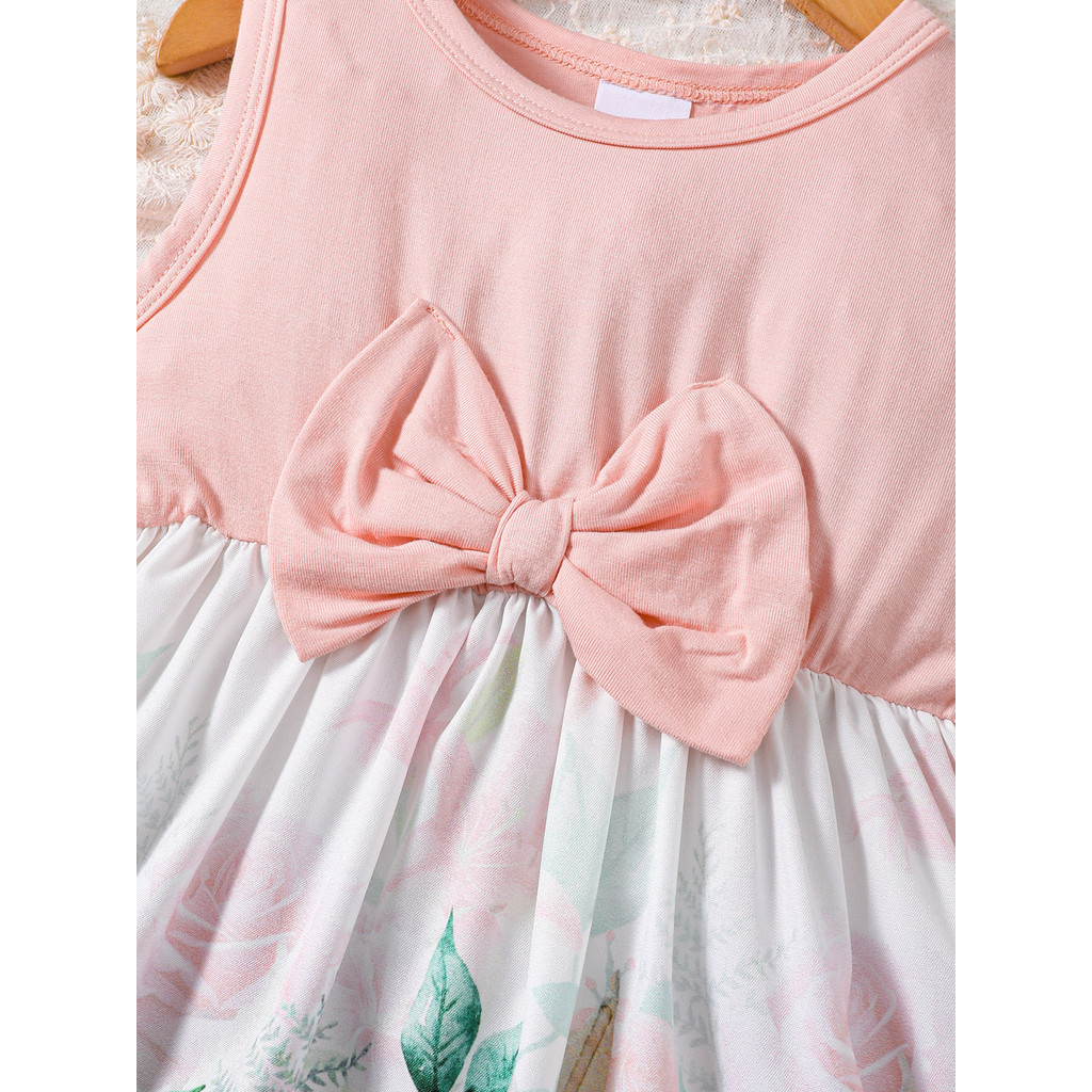 Dress for 0-3Years Toddlers Girl Pink Sleeveless Floral Pattern Patchwork with Plain Pink Color Top Summer Outdoor Photography Casual Wear
