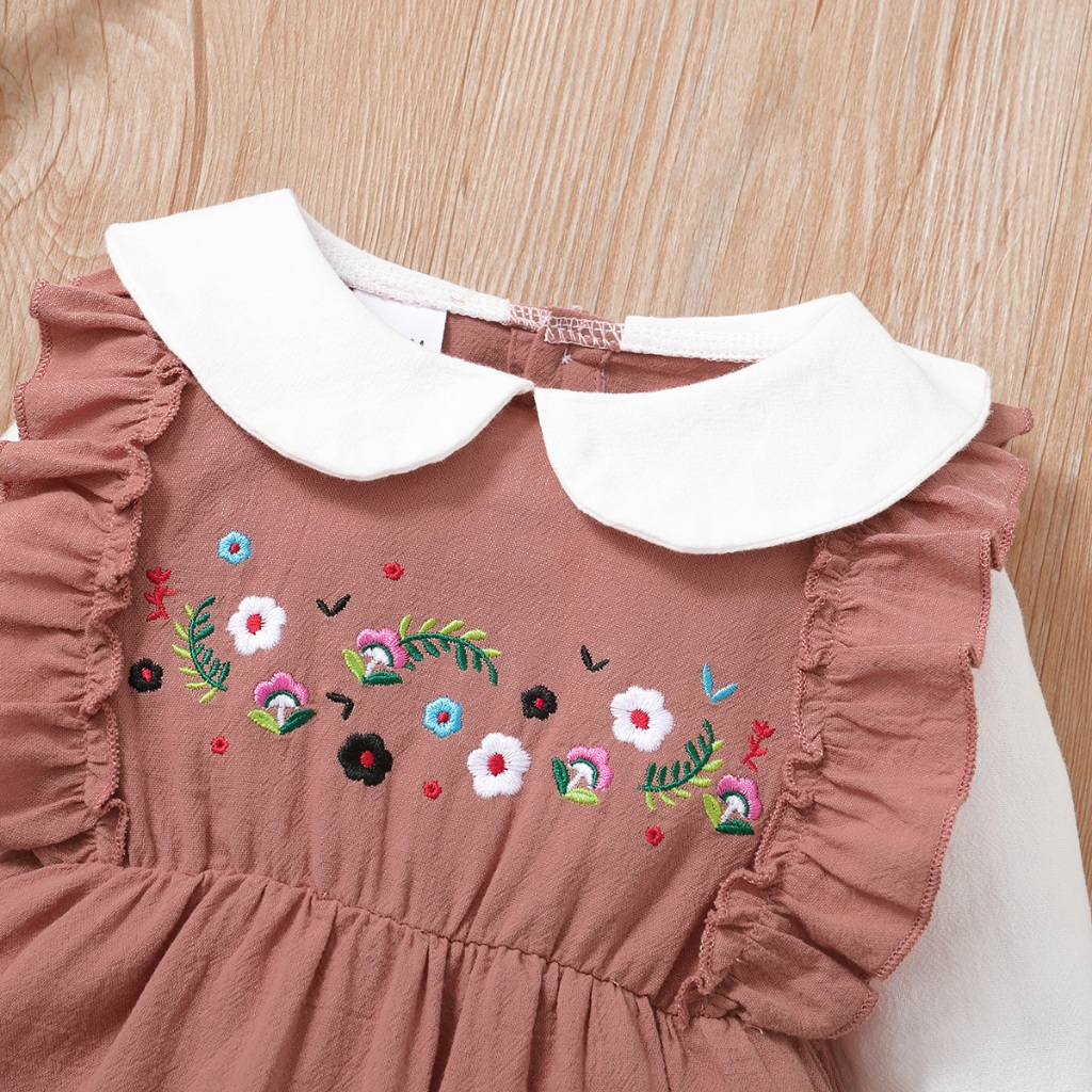 【 0-18 months 】 Baby doll collar embroidered fake two-piece jumpsuit | Pink long sleeved shirt | Sweet princess style crawling suit | Spring and Autumn baby jumpsuit