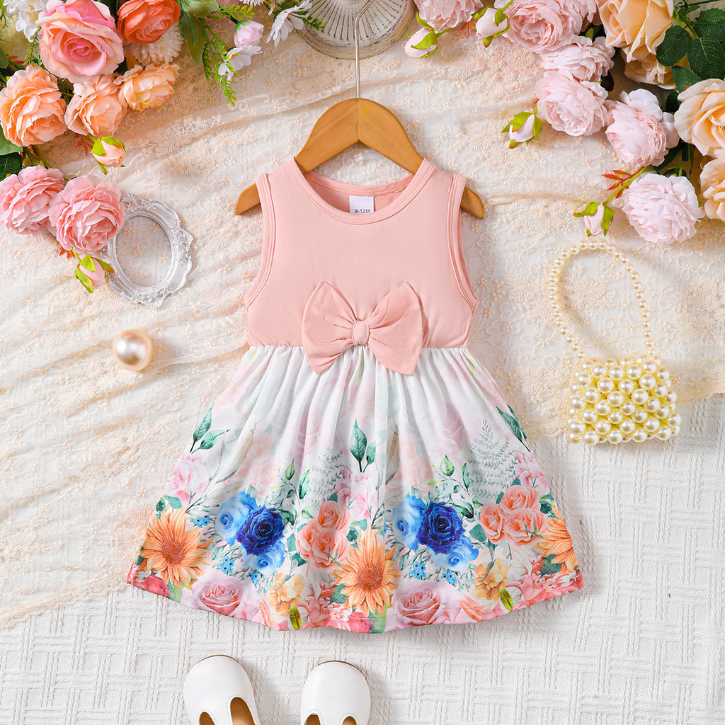 Dress for 0-3Years Toddlers Girl Pink Sleeveless Floral Pattern Patchwork with Plain Pink Color Top Summer Outdoor Photography Casual Wear