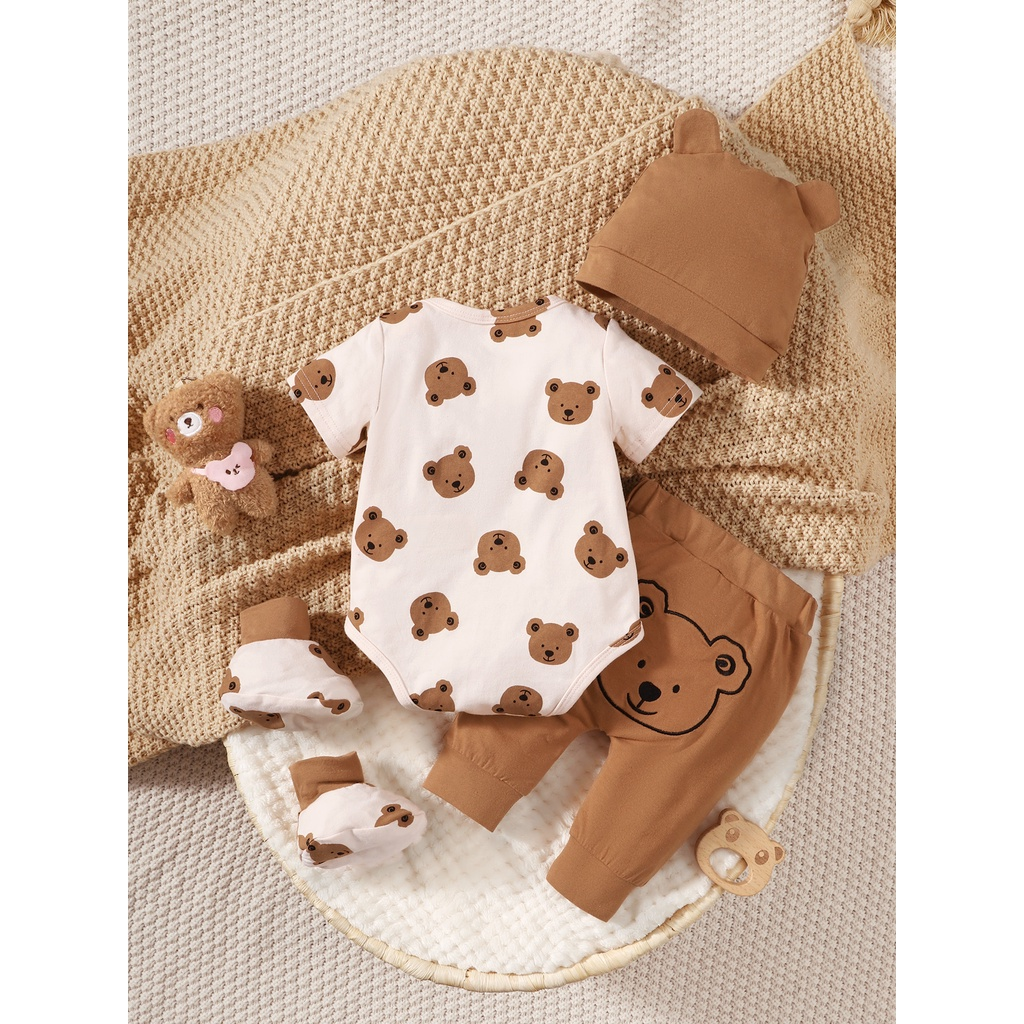 【0-9 Months】 Newborn Baby 4PCS Bear Print Outfit | Short-Sleeve Bodysuit + Solid Color Pants + Hat + Footies | Cute & Casual Daily Wear
