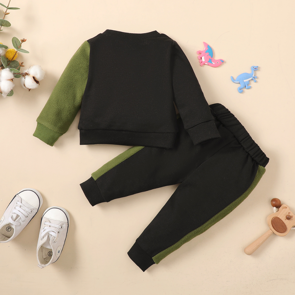 【3-24M】 2PCS Baby Boy Outfit: Dinosaur Patch Sweatshirt with Color-Block Fleece Sleeves + Matching Jogger Pants with Side Fleece Panels – Cute Daily Fall/Winter Set