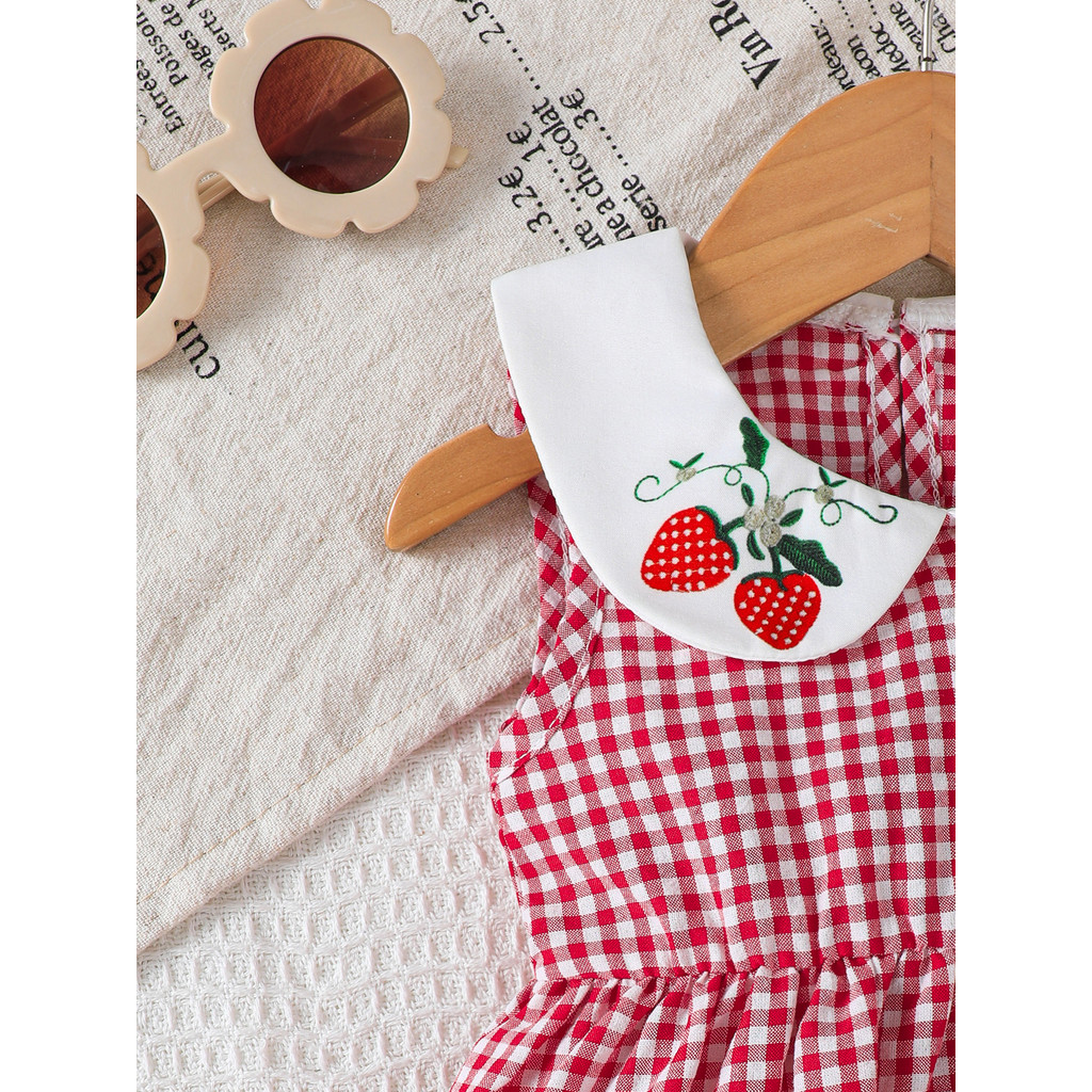 【3-24Months】 Toddler Baby Girls Sleeveless A-Line Dress with Peter Pan Collar & Strawberry Embroidery – Red-White Gingham Spring/Summer Dress