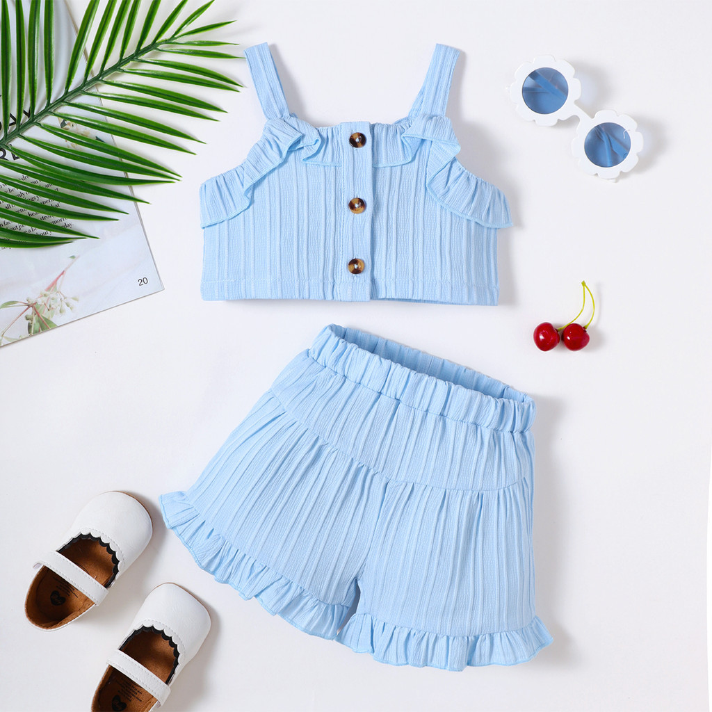 【3-24M】 2PCS Baby Girl Summer Outfit: Light Blue Ribbed Cami Top with Ruffle Trim & Faux Buttons + Matching Ruffle Shorts – Cute Casual Holiday Set