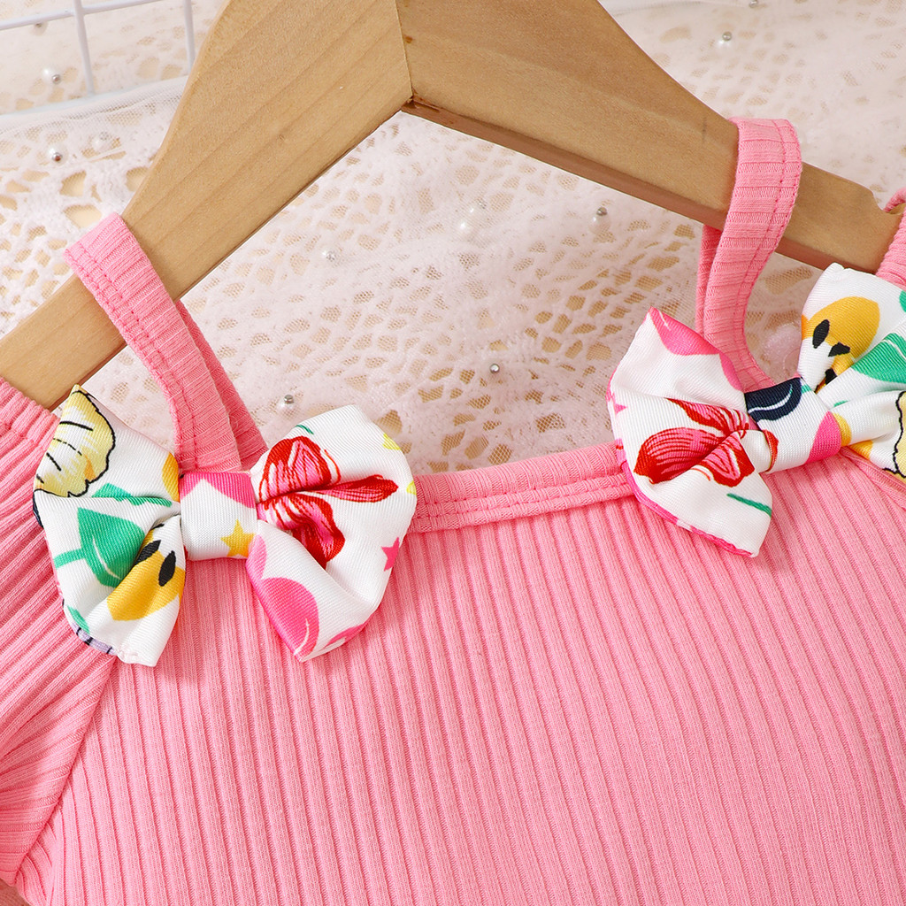 【6M-3Y】 Toddler Baby Girl 2-Piece Summer Set | Ribbed Off-Shoulder Top with Bows + Floral Print Shorts - Cute Casual Outfit