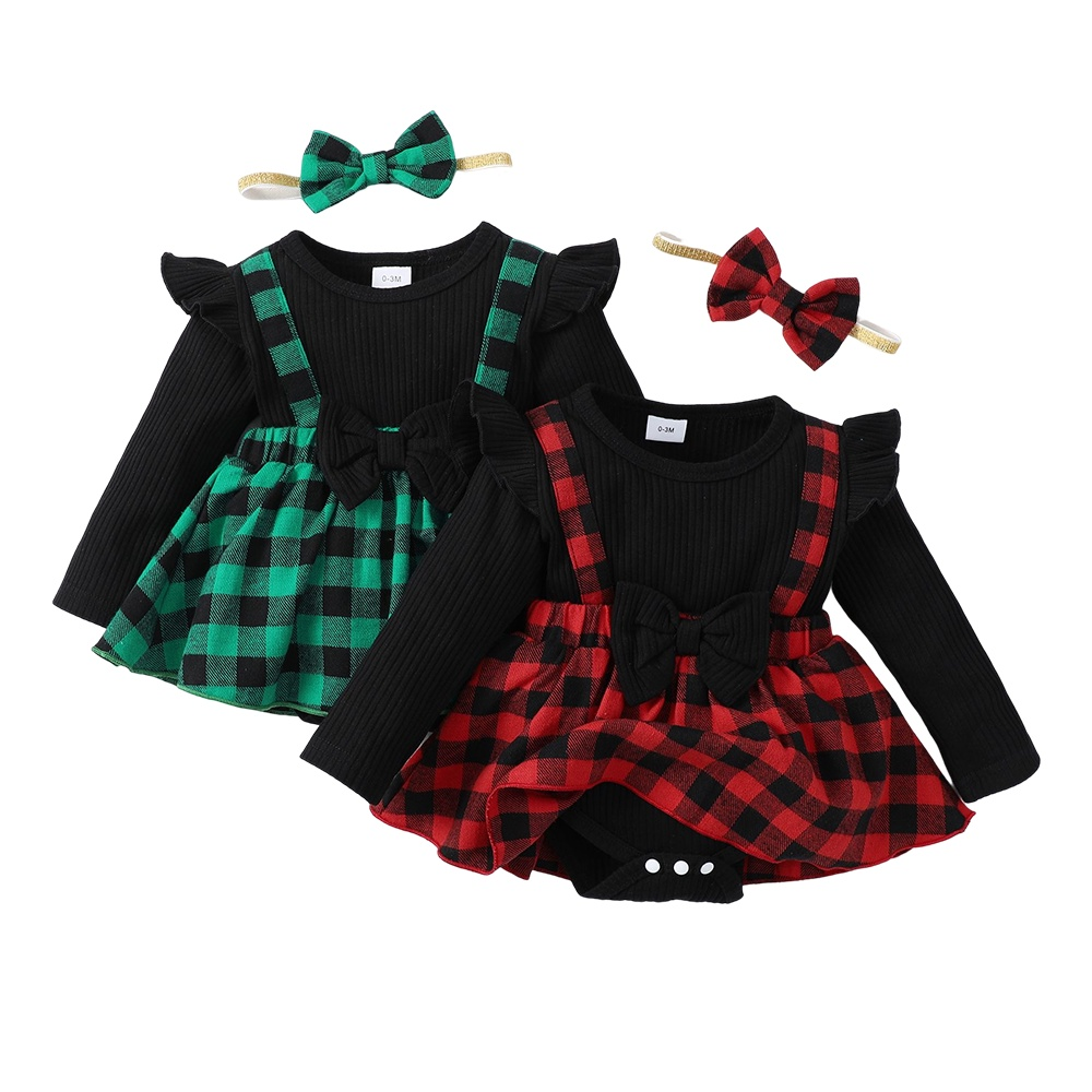 【 0-18 Months 】Baby Girl 2PCS Christmas Plaid Romper Dress Set | Long Sleeve Ribbed Top with Red & Black Check Skirt & Bow Headband | Sweet Holiday Outfit for Infants