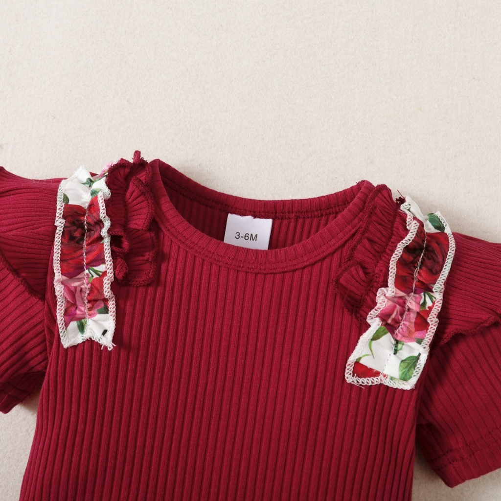 【1-18M】 3PCS Baby Girl Summer Outfit: Ribbed Red Ruffle-Sleeve Bodysuit + Floral Shorts with Bow + Matching Headband – Cute Infant Girl Clothing Set