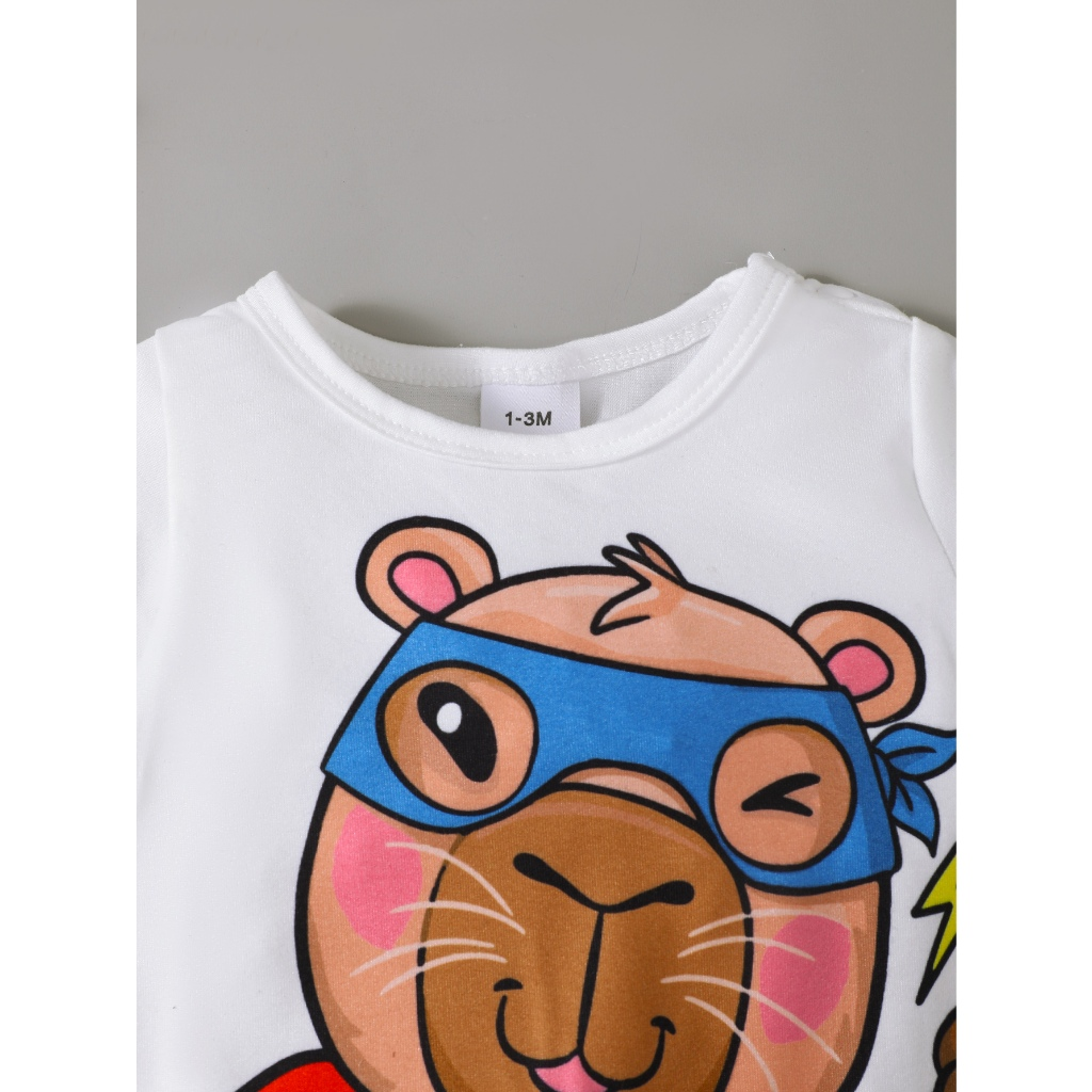 Baby white short sleeved hoodie | Cute cartoon printed crawling suit | Summer baby jumpsuit | Breathable and sweat absorbing baby outfit