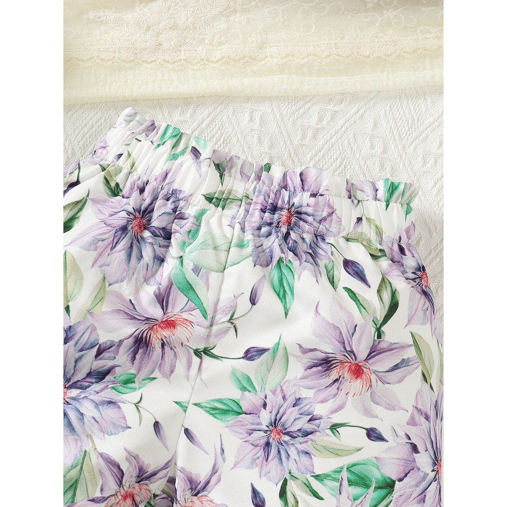 1-8 Years Kids Girl Summer 2pcs Clothing Set Solid Color Purple One Shoulder Tops with Floral Shorts Pastoral Fashion Leisure Style Baby Girl Casual Costumes
