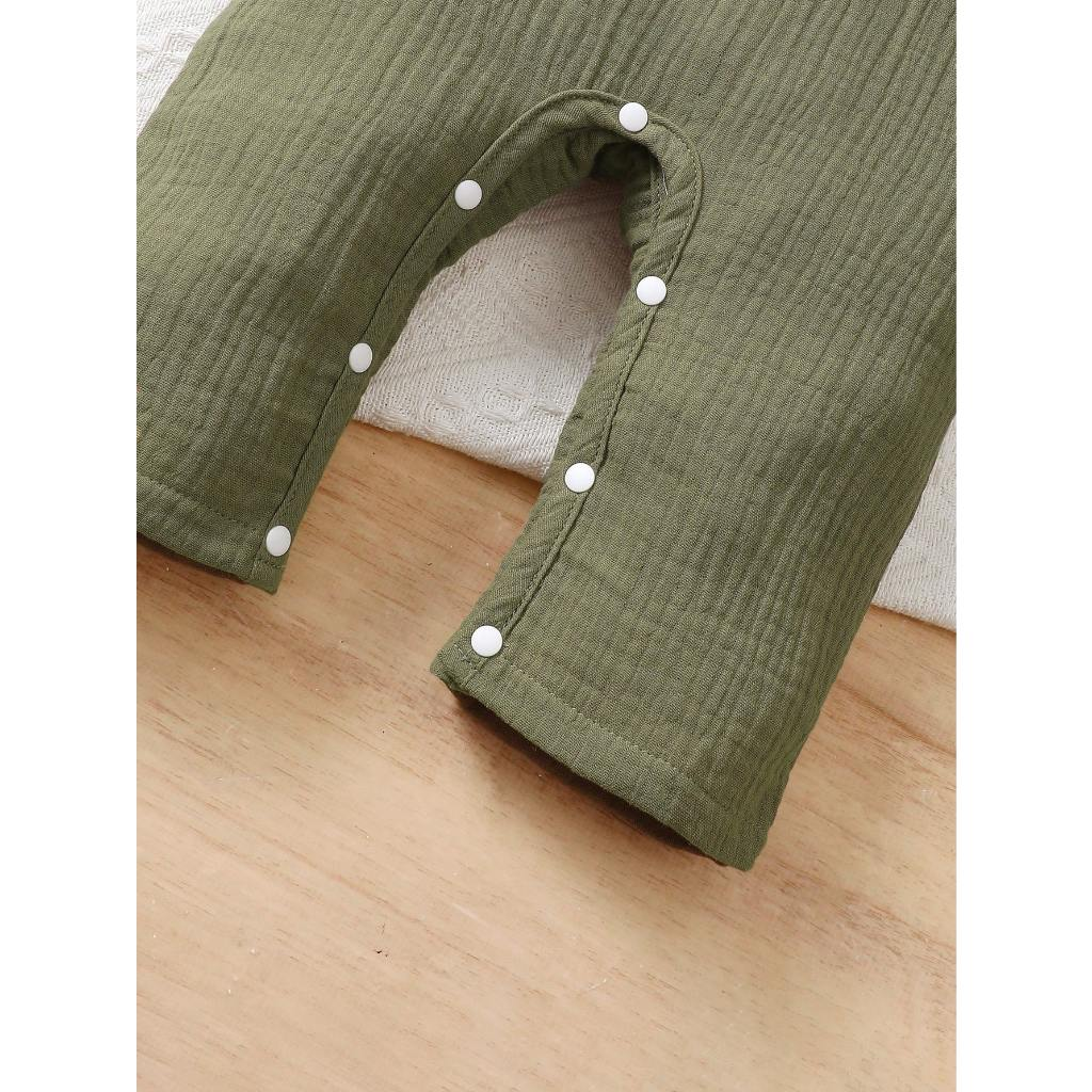 【1-18 Months】Baby Boy 2PCS Simple Solid Romper Set, Long Sleeve Crinkle Cotton Jumpsuit with Matching Bucket Hat, Soft Casual Infant Outfit