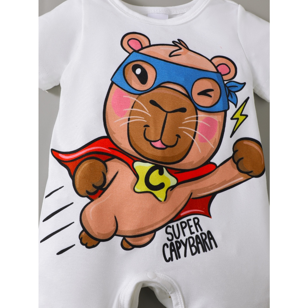 Baby white short sleeved hoodie | Cute cartoon printed crawling suit | Summer baby jumpsuit | Breathable and sweat absorbing baby outfit