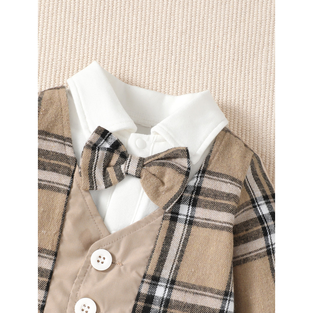 3-24 Months Toddler Baby Boy Gentleman's Suit Checkered Suit Jumpsuit with Hat