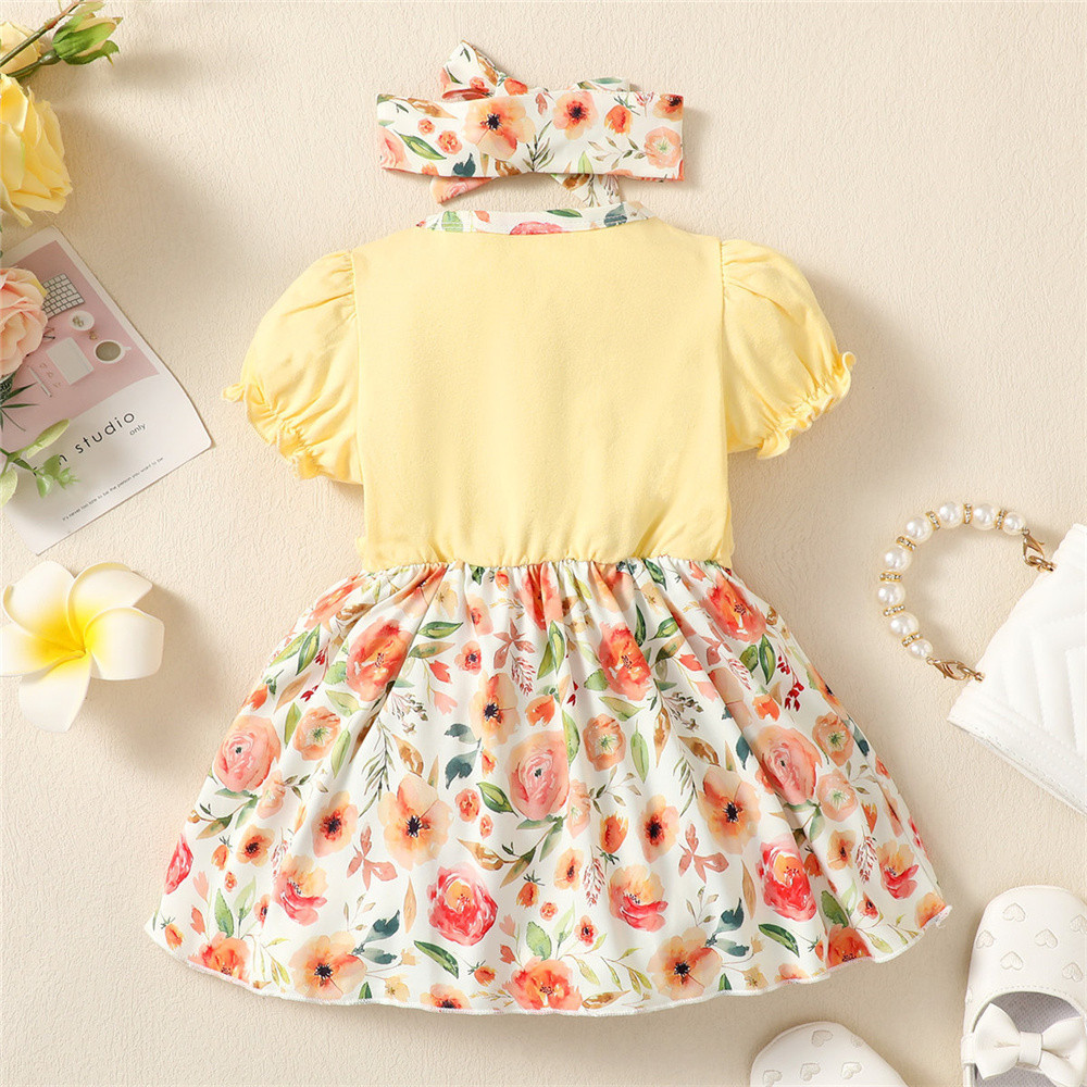 3-24 Months Baby Girl Fashion Puff Sleeve Floral Pattern Dress Baby Girl Princess Dress with Cutely Headband Casual Costumes Birthday Party Wear